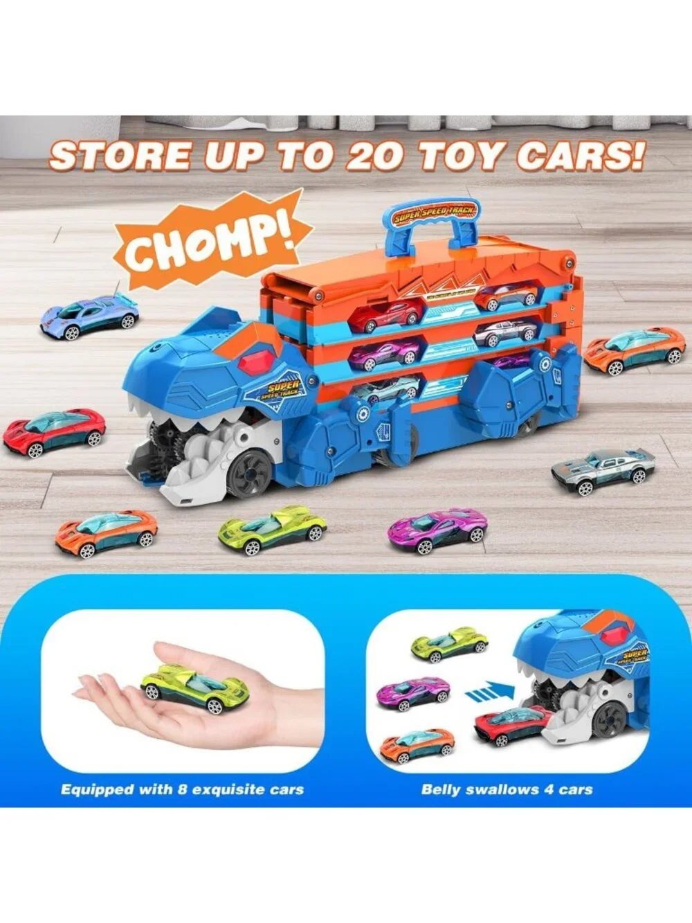 Dinosaur Transport Truck Toy - 3-in-1 Ejection Track Set with Sound & 8 Race